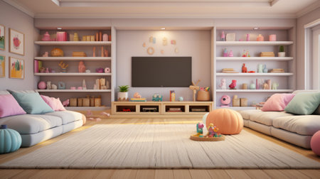 A cozy living room with a TV and lots of toysの素材