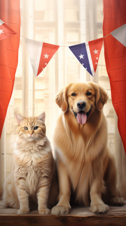 A Golden Retriever and a ginger cat are sitting in front of a window. There are red, white and blue buntings hanging above them.の素材