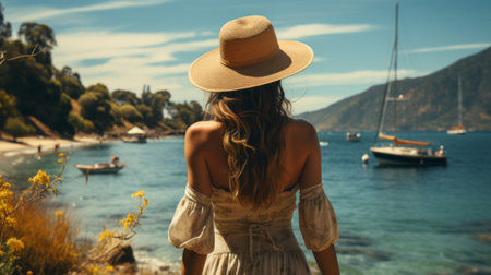 A woman standing on a beach looking out at the oceanの素材