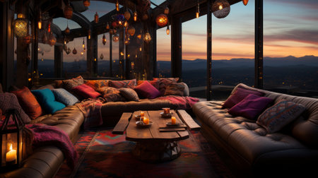 A cozy living room with a view of the mountainsの素材