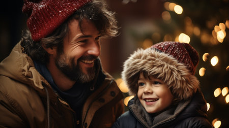 Father and son enjoying Christmas lightsの素材