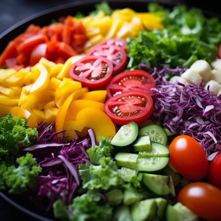 Various vegetables and fruits arranged in a colorful and visually appealing wayの素材