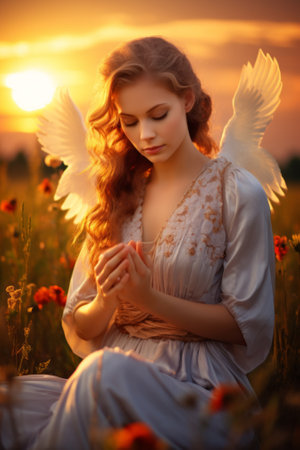 An ethereal maiden kneels in a field of flowers, her eyes closed in prayer. Her golden hair cascades over her shoulders and her white wings are outspread.の素材