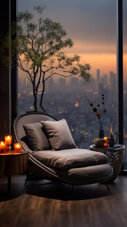 Modern living room interior with city view at sunsetの素材