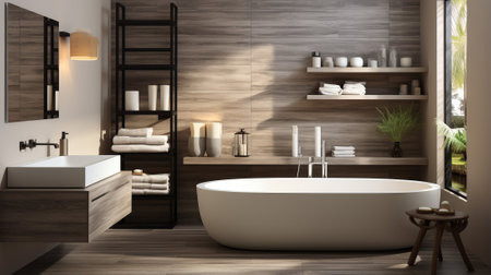 Bathroom interior with bathtub, sink and shelvingの素材