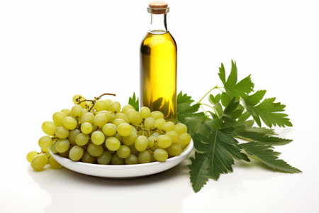 Green grapes, grape seed oil and grape leavesの素材