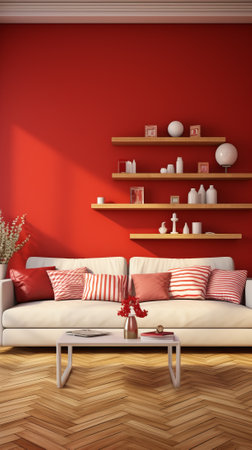 Red living room interior with white sofa and wooden shelvesの素材
