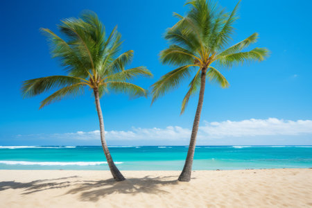 Two palm trees on a beach with white sand and blue oceanの素材