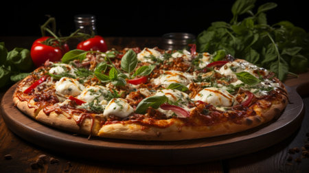 A delicious pizza with melted cheese, basil, and tomatoesの素材