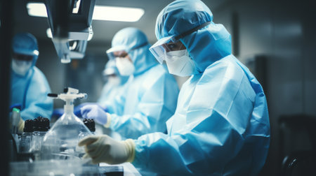 Scientists wearing PPE working in a labの素材