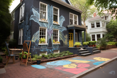 Black house with blue and purple mural of tropical leavesの素材