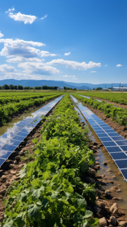 A field of solar panels in a lush green fieldの素材