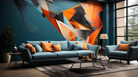 Blue and orange geometric shapes painting in living room interiorの素材