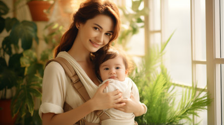 A young mother is holding her baby in a baby carrierの素材