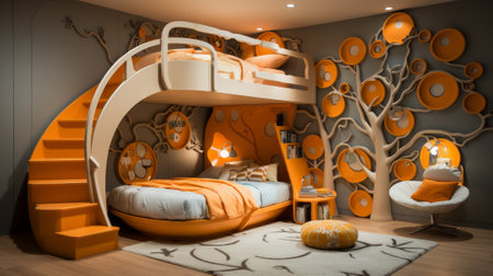 A whimsical and modern bedroom with a tree-like structure and orange accentsの素材