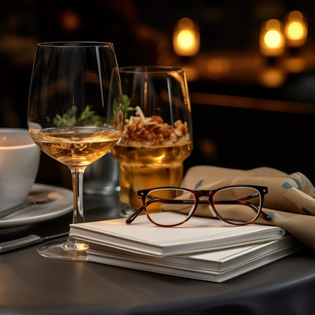glasses on a book with a drink and candle in the backgroundの素材