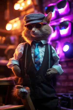 Cool cat wearing sunglasses, shirt, tie and suspendersの素材