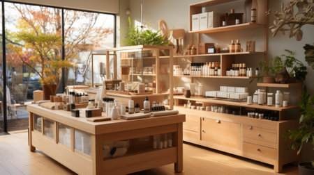 An interior of a store that sells wooden furniture and home decor with a large glass window to the leftの素材