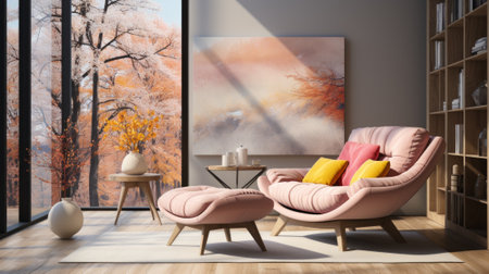 A beautiful living room with a large window looking out onto a forest of pink treesの素材