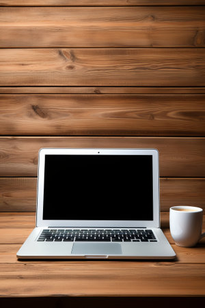 Laptop and coffee cup on wooden tableの素材
