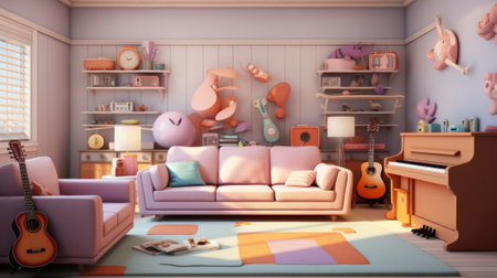 A cozy living room with a sofa, coffee table, rug, guitar, piano, and other furniture and decorationsの素材