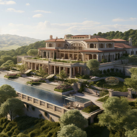 Large luxury mansion with pool and beautiful landscapeの素材