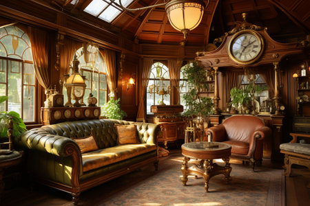 luxurious Victorian style living room with leather furniture and wooden interiorの素材