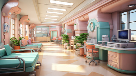 A retro hospital room with pink and blue walls and green chairsの素材