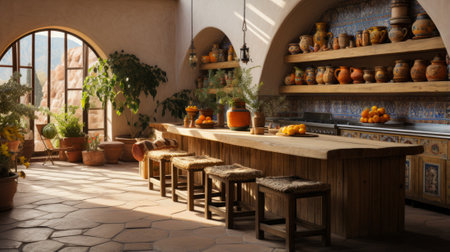 Rustic Kitchen With Stone Floor, Plants, And Sunlightの素材