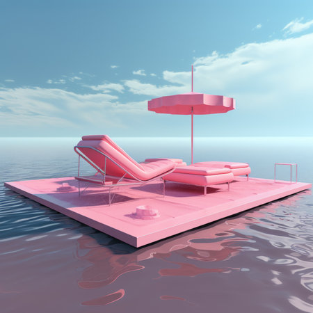 Pink platform floating on water with pink lounge chair, ottoman and umbrellaの素材