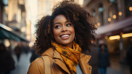 A young woman with curly hair smiles as she walks down a busy streetの素材