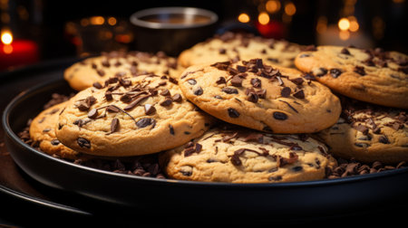 Close-up of chocolate chip cookies on a black plateの素材