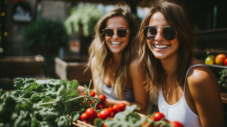 Two young women at a farmers marketの素材
