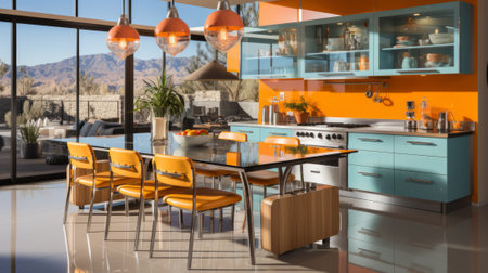 Retro Pop Style Kitchen With Blue Cabinets and Orange Accentsの素材