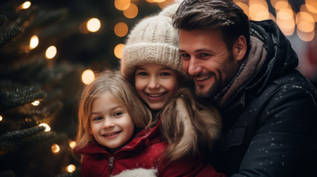 Happy family near a Christmas treeの素材