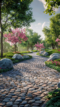 Cobblestone path in spring parkの素材
