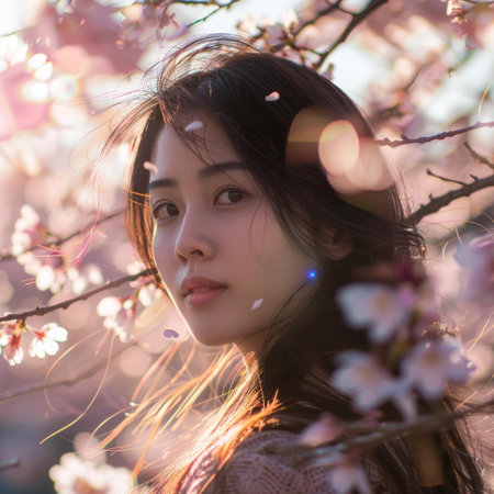 Portrait of a young Asian woman standing in a cherry blossom treeの素材