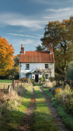 Small white cottage in the countryside surrounded by trees with autumn leavesの素材