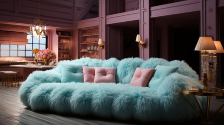 A living room with a blue furry couchの素材