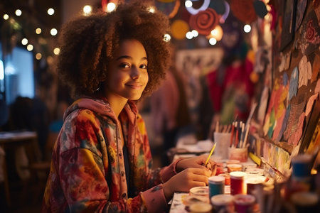 A young girl smiles as she paints at a tableの素材