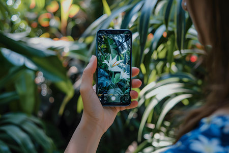 Woman Taking a Photo of Tropical Flowers on Her Smartphoneの素材