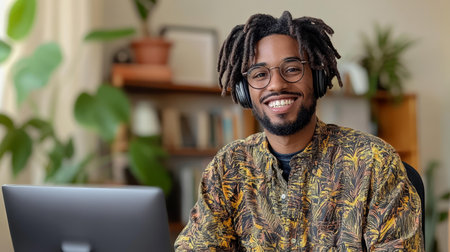 Smiling Black Man Working from Homeの素材