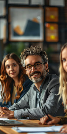 A group of business professionals having a meeting in an officeの素材