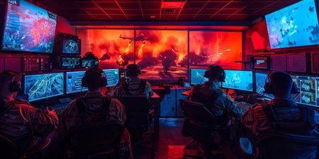 Military personnel monitoring a simulated battle in a war room.の素材