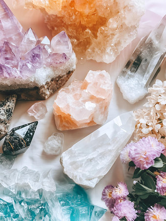 Colorful Crystals Displayed on a White Surfaceの素材