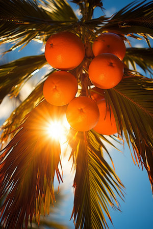 Ripe Oranges Hanging on a Palm Treeの素材