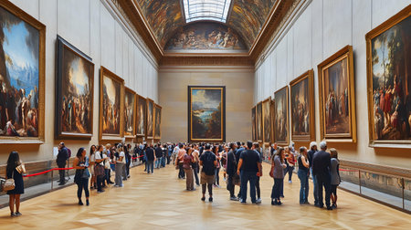 People Viewing Artwork in a Museum Galleryの素材