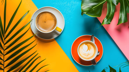 Two Cups of Coffee with Tropical Leaves on Colorful Backgroundの素材
