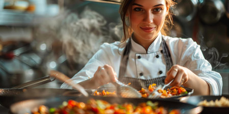 Professional Chef Stir-Frying Vegetables in a Commercial Kitchenの素材