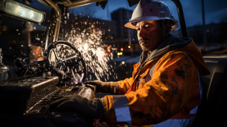 Construction worker in hard hat working on a project at nightの素材